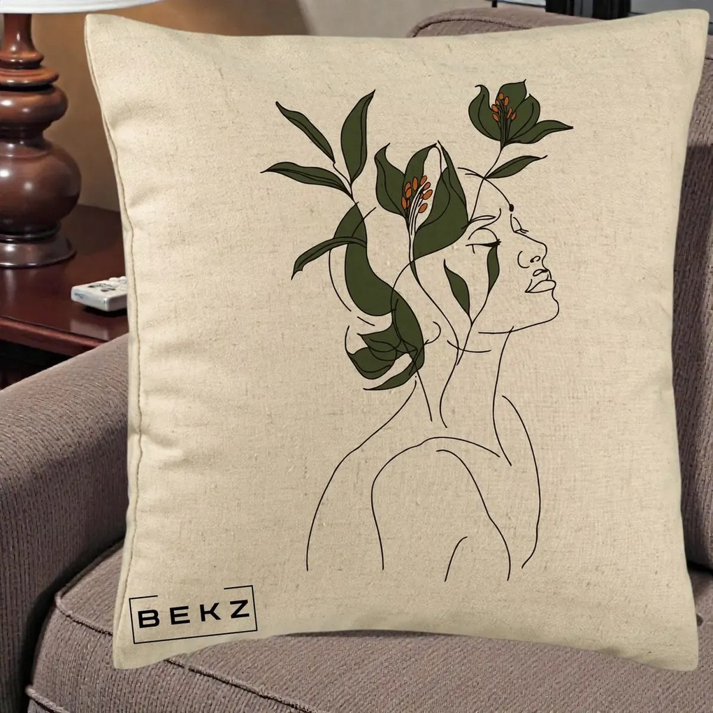 Perna Decorativa Portret Feminin Crin Verde, 40x40 cm, Bej, Husa Detasabila, Perna Inclusa, BEKZ®