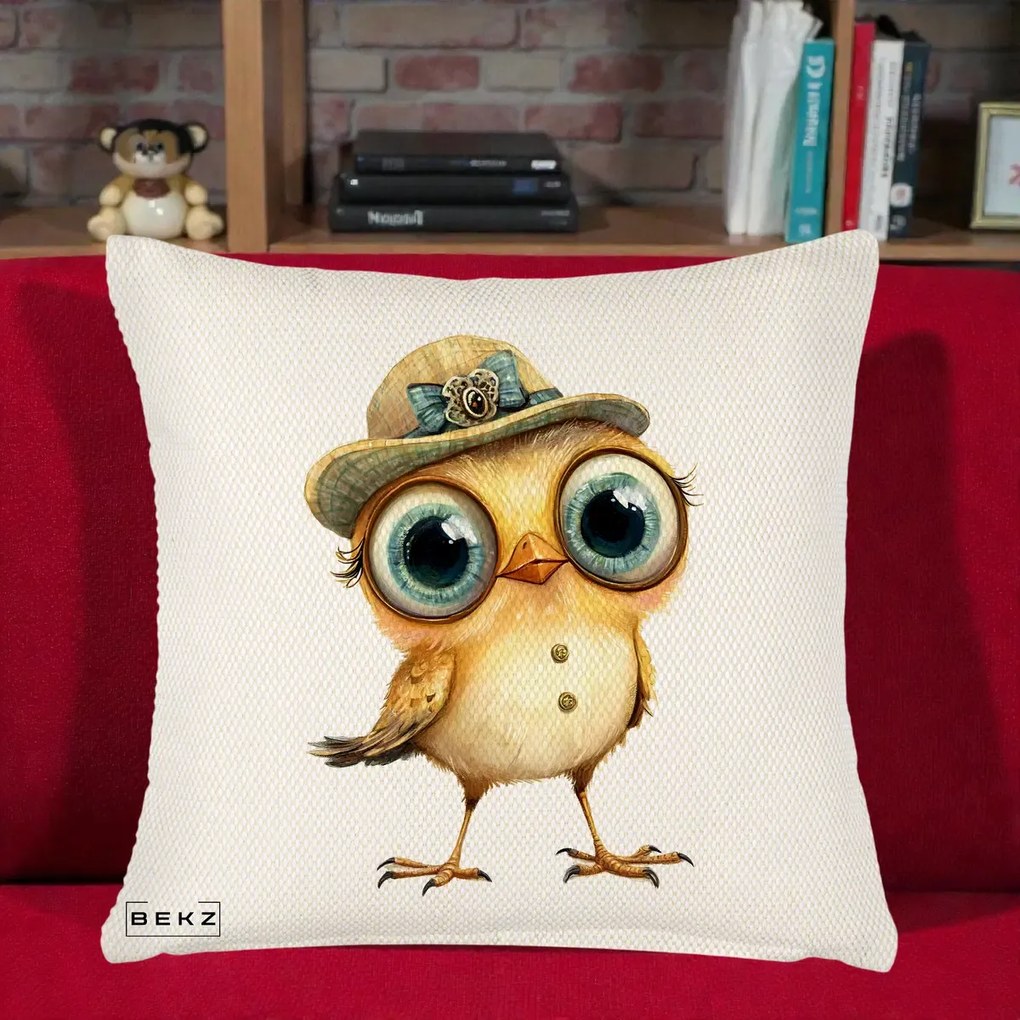 Perna Decorativa Pui Elegant cu Palarie Teal, 40x40 cm, Crem Reliefat, Husa Detasabila, Perna Inclusa, BEKZ®