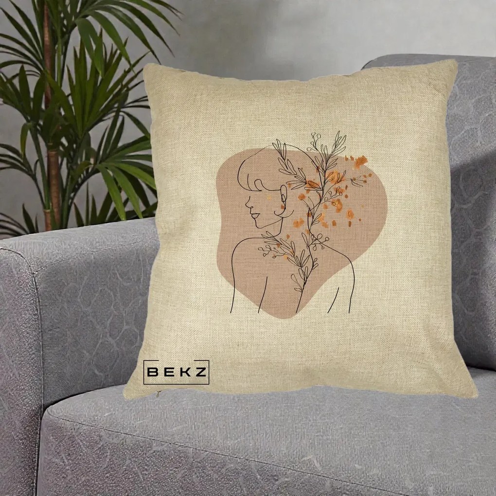 Perna Decorativa Femeie cu Flori Line Art Boho, 40x40 cm, Crem, Husa Detasabila, Perna Inclusa, BEKZ®