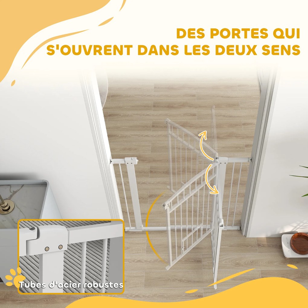 PawHut Barieră de siguranță câini cu sistem de dublă blocare, montaj prin presiune sau găurire, lățime 76-104 cm alb | Aosom Romania