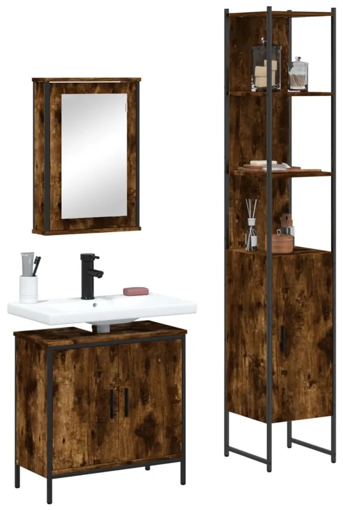 vidaXL Set mobilier de baie, 3 piese, stejar fumuriu, lemn prelucrat