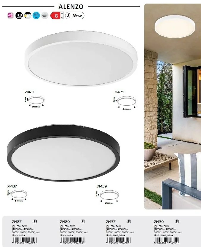 Plafoniera pentru baie, Protectie IP44 Alenzo D-42cm alba