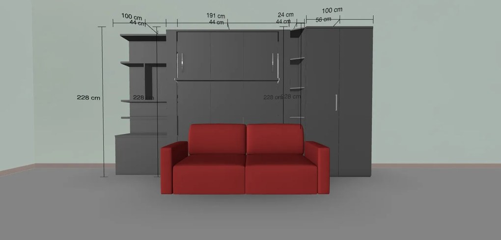 Set pat rabatabil dublu cu somiera inclusa (150x200), biblioteca(100 cm), cross(24 cm), dulap acordeon si canapea 2 locuri - nova small elegance set