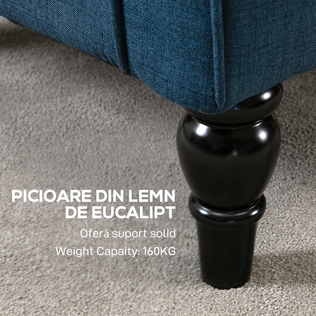 HOMCOM Scaun Decorativ Capitonat cu Spatar Inalt, Cotiere Rotunjite Captusite și Sezut cu Captuseala Groasa, Albastru | Aosom Romania