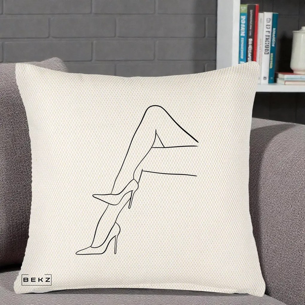 Perna Decorativa Picioare cu Tocuri Line Art, 40x40 cm, Crem Reliefat, Husa Detasabila, Perna Inclusa, BEKZ®