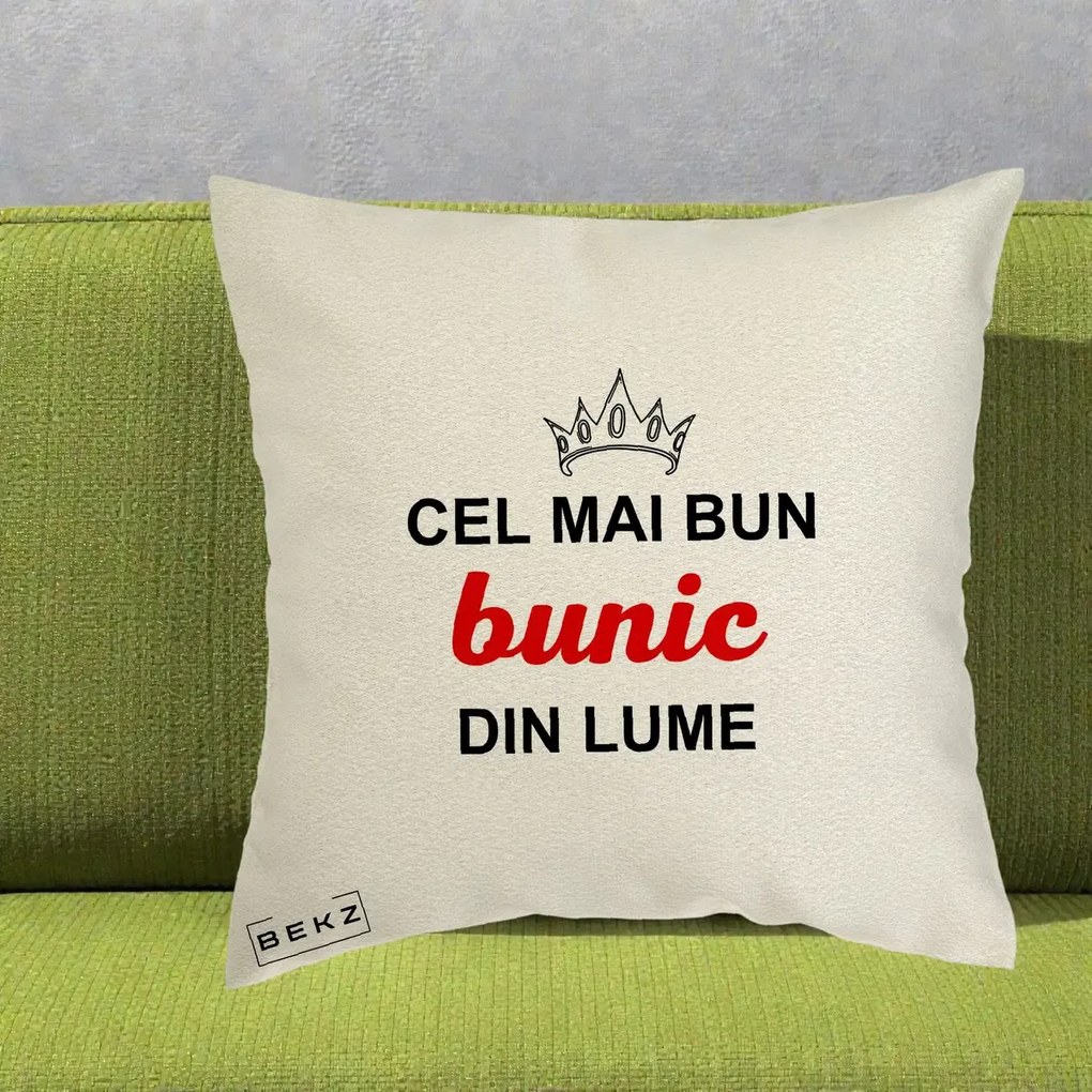Cadou pentru Bunic - Perna Personalizata Cel Mai Bun Bunic Din Lume Coroana Rosu, 40x40 cm, Ecru, Husa Detasabila, Perna Inclusa, BEKZ®