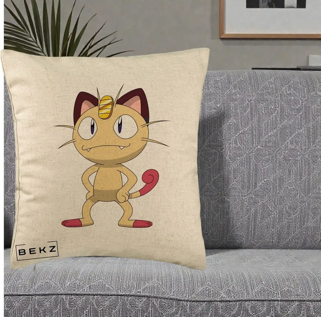 Perna Personalizata Meowth Pokemon, 40x40 cm, Bej, Husa Detasabila, Perna Inclusa, BEKZ®