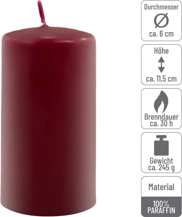 Set de lumânări pilon, 11,5 cm, Ø 6 cm, vișiniu, 6 bucăți