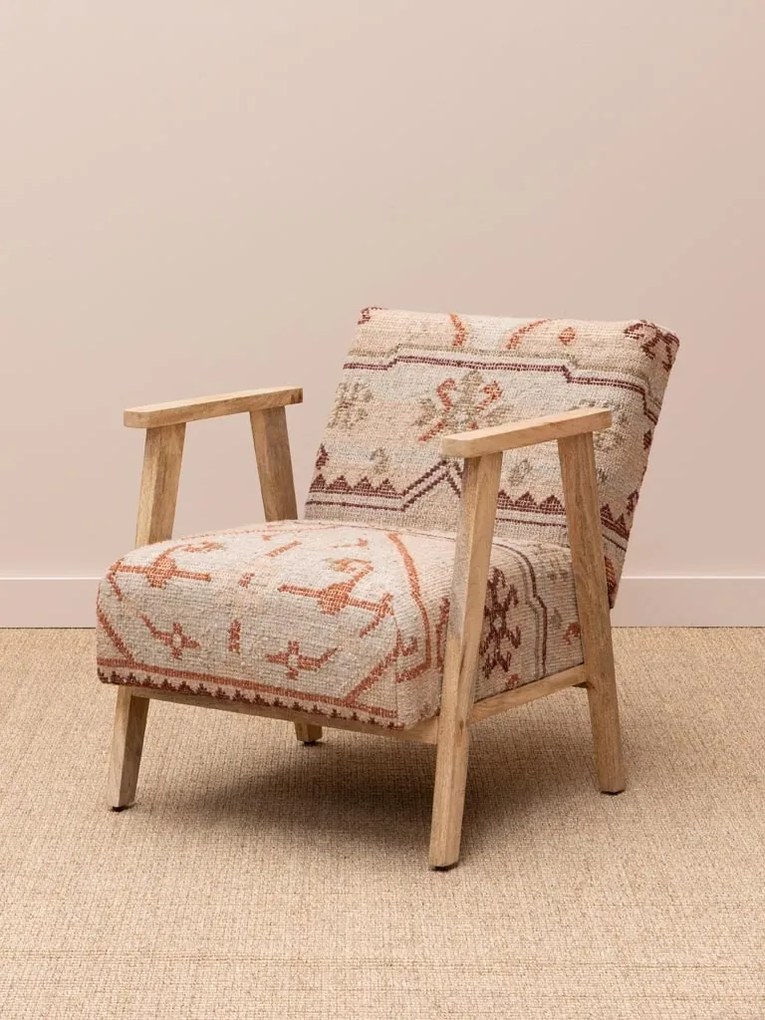 Fotoliu lounge kilim din lână și iută naturală cu structură din lemn de acacia, „Tierra”