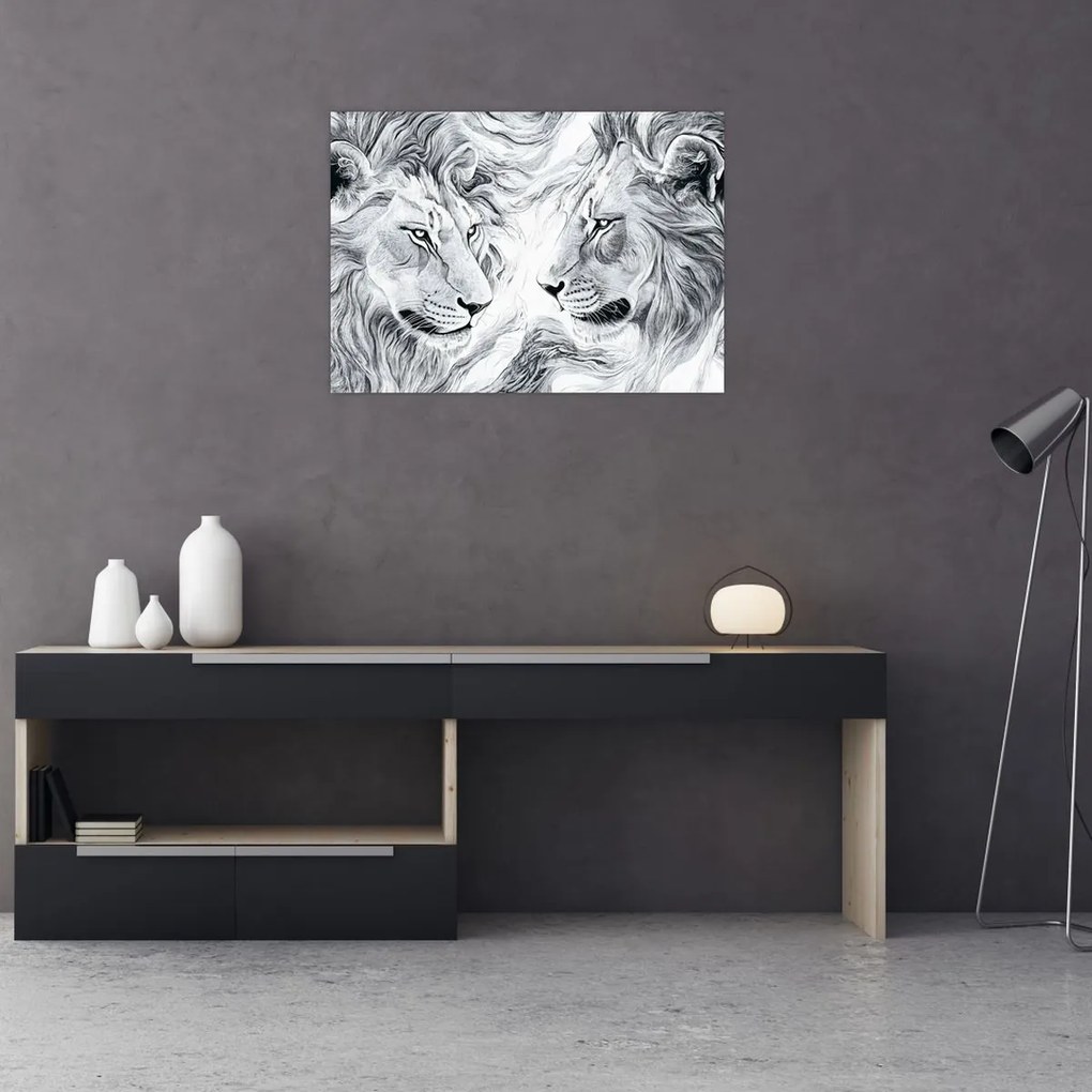 Tablou pe sticlă - Capete de lei desenate (70x50 cm)