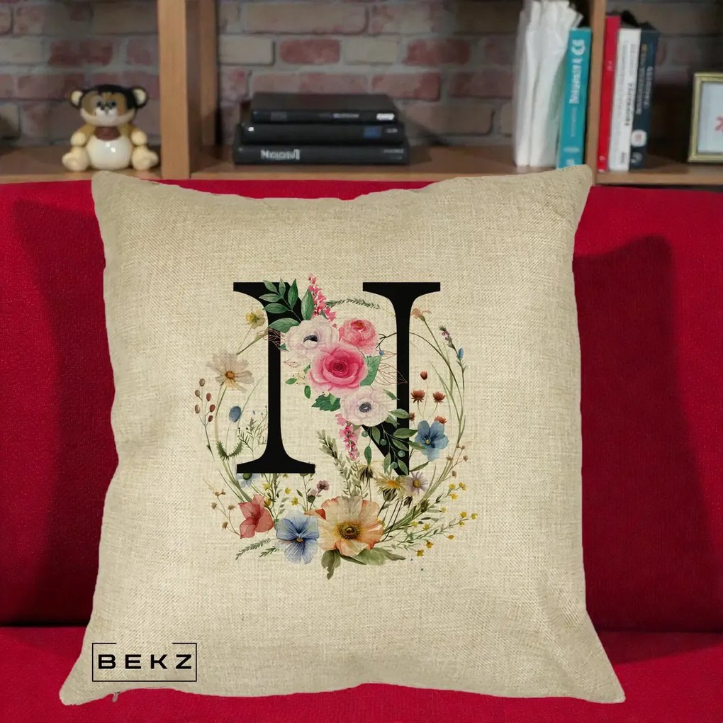 Cadou Personalizat - Perna Personalizata Monogram Litera N cu Flori Acuarela, 40x40 cm, Crem, Husa Detasabila, Perna Inclusa, BEKZ®