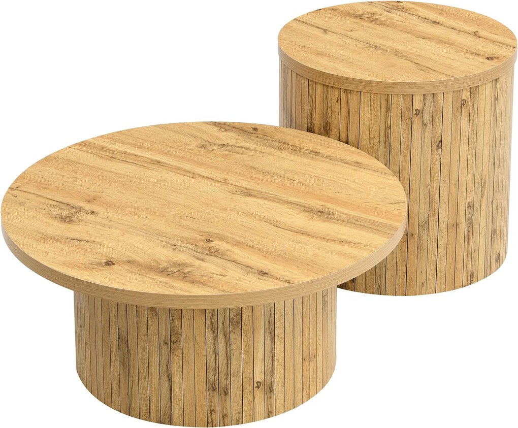 Set de 2 măsuțe de cafea rotunde, cu fronturi cu lamele verticale din lemn natural și colțuri rotunjite, 75x75x36 cm/50x50x50,5 cm, Culoare naturală