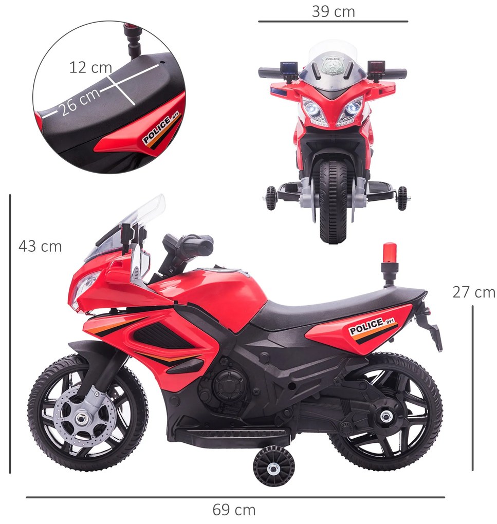 HOMCOM Motocicleta electrica pentru copii, cu sirena de politie si faruri, Viteza 3km/h si Baterie 6V Reincarcabila, 69x39x43cm, Rosu