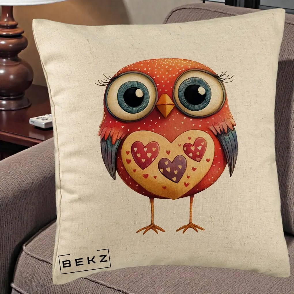 Perna Decorativa Bufnita Rosie cu Inimi Aurii, 40x40 cm, Bej, Husa Detasabila, Perna Inclusa, BEKZ®