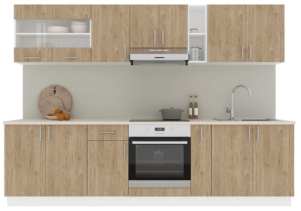 Set Bucatarie Karo V21, Lemn Natural/Alb, Blat Thermo 28 mm, L 280 cm