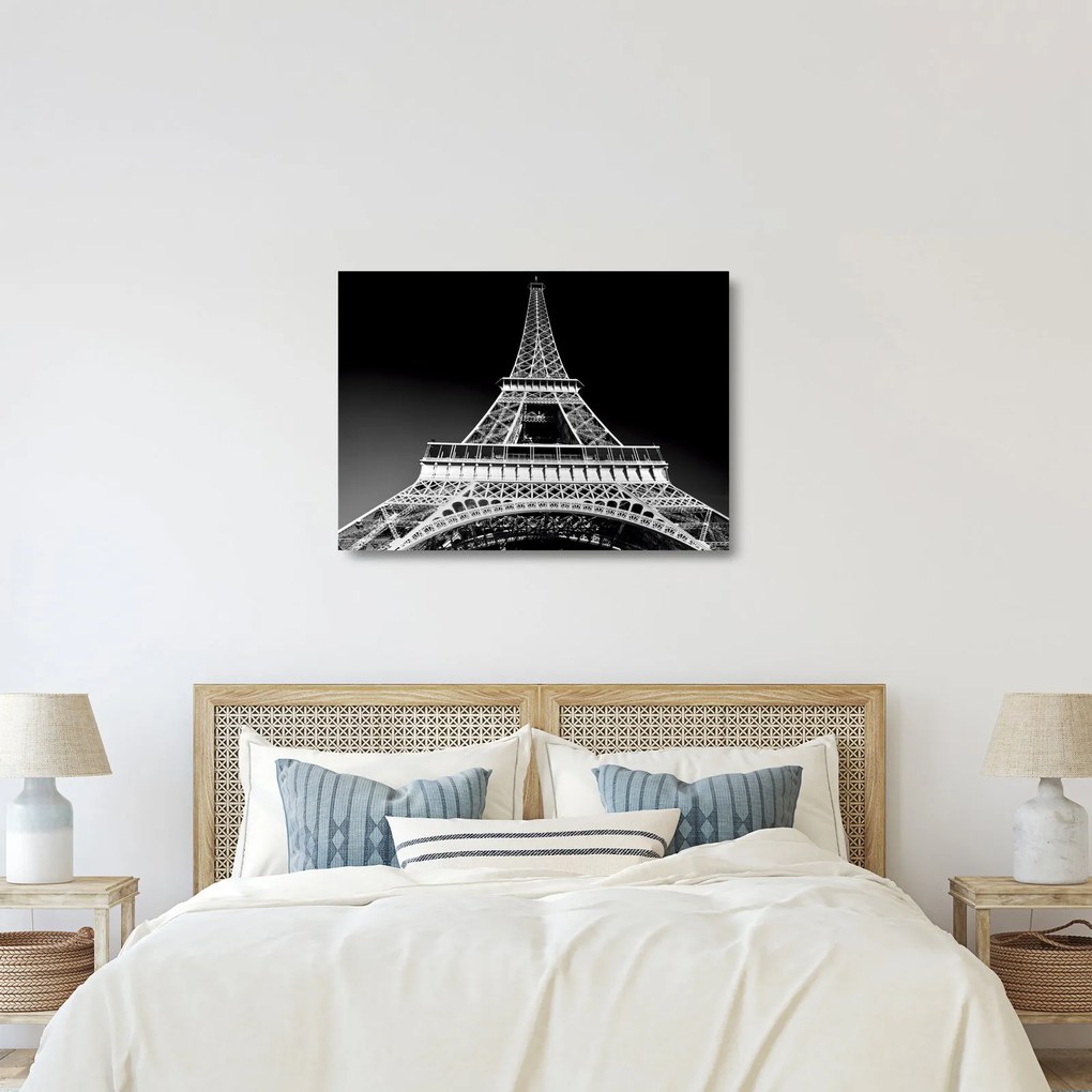 Tablou pe sticlă - Turnul Eiffel, alb-negru (70x50 cm)