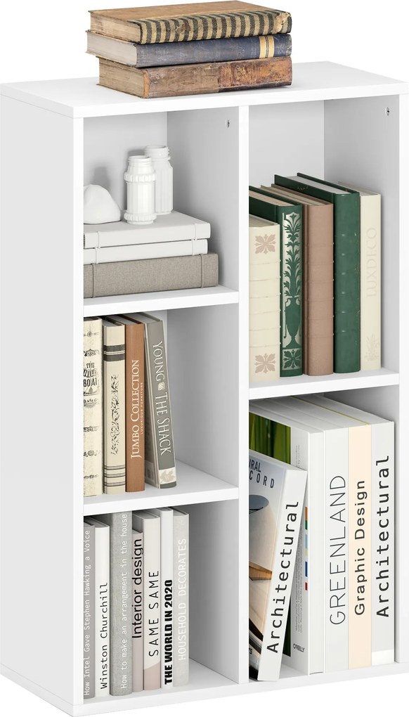 HOMCOM Bibliotecă raft de depozitare 2 nivele cu 5 compartimente, pentru living dormitor birou, 50x24x80cm, alb | Aosom Romania