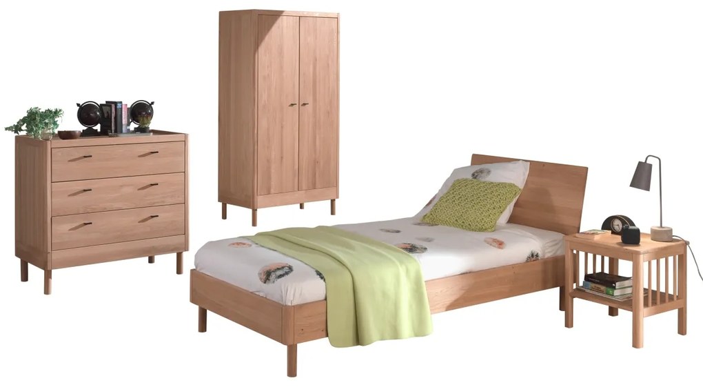 Set Complet Mobilier Camera Copii Forrest Oak, Pat 90x200 cm, Dulap cu 2 Uși, Noptieră și Comodă, din Lemn de Stejar, Natur – Vipack