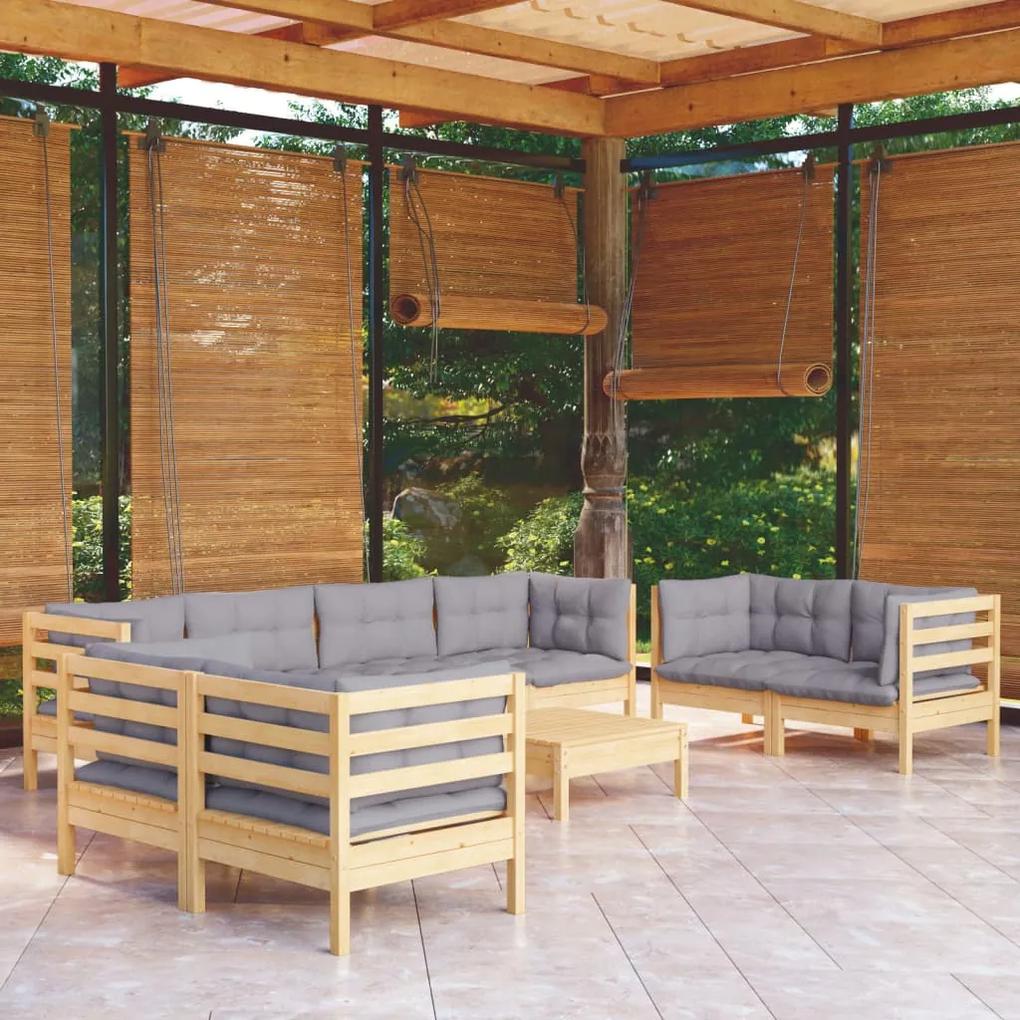 3096273 vidaXL Set mobilier de grădină cu perne gri, 9 piese, lemn masiv pin