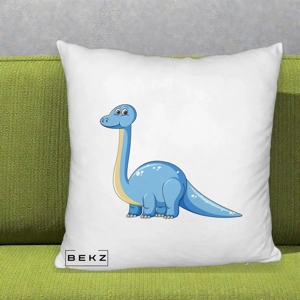 Perna Personalizata Brontosaur Albastru, 40x40 cm, Alb Pufos, Husa Detasabila, Perna Inclusa, BEKZ®