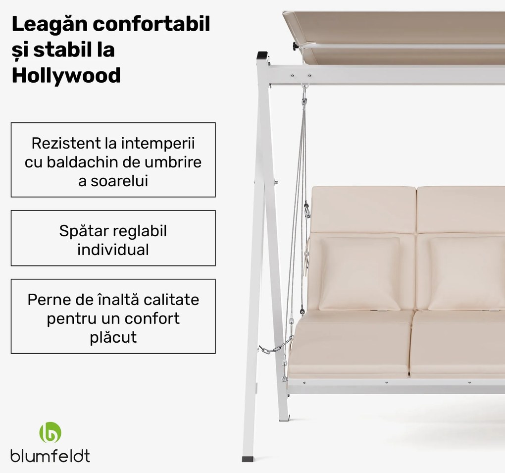 Leagăn hollywoodian FlexiSwing cu 3 locuri, spătar reglabil + copertină solară, rezistent la intemperii.