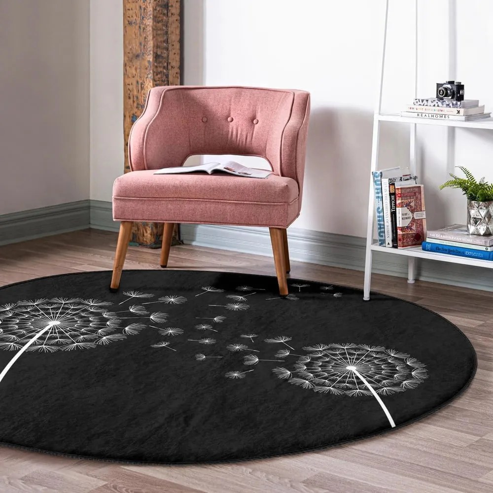 Covor rotund negru lavabil adecvat și pentru aspiratoare robot ø 80 cm Comfort – Mila Home