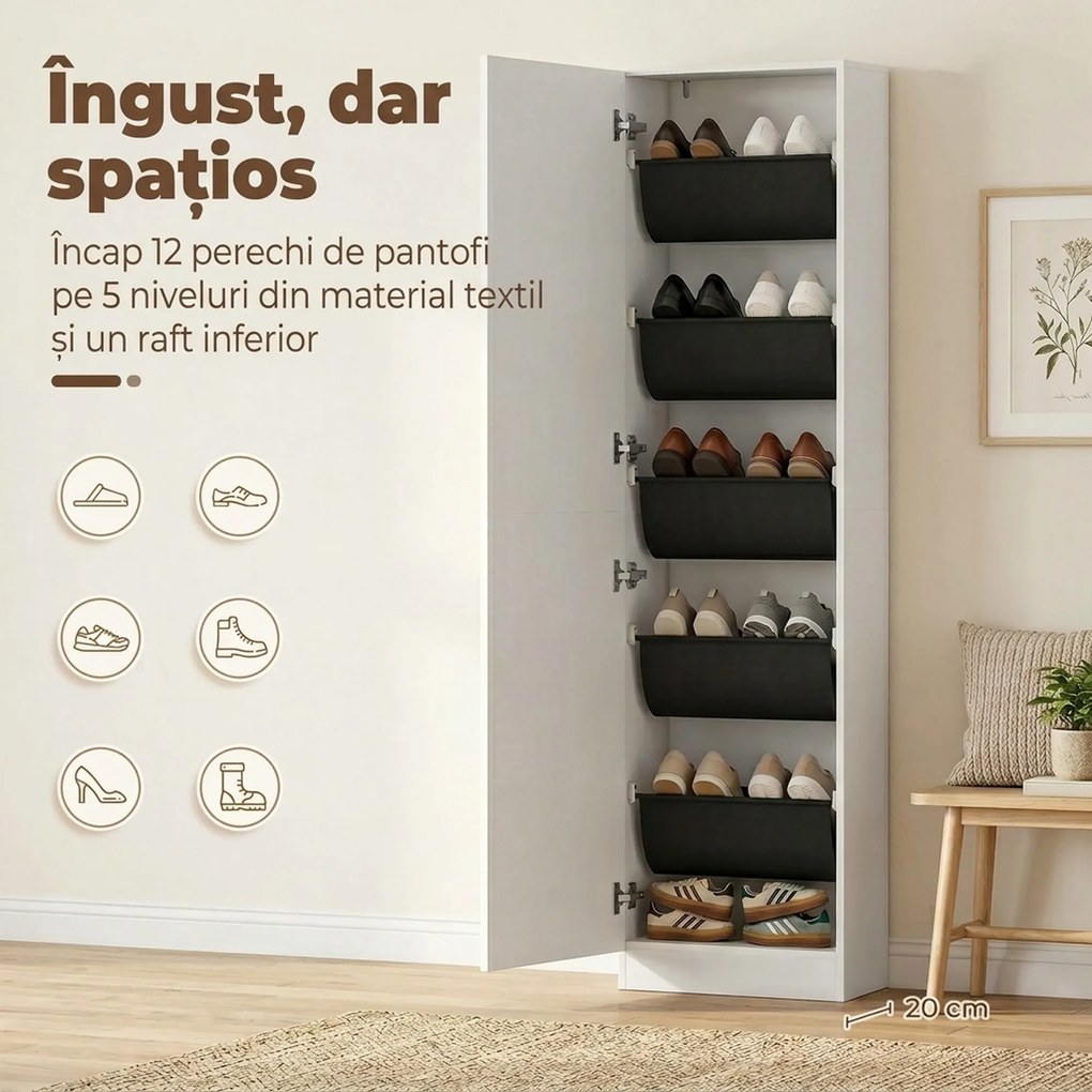 HOMCOM Dulap pentru Pantofi cu Oglindă, Uși Reversibile cu 5 Rafturi din Material Textil, 50 x 20 x 180 cm, Alb | Aosom Romania