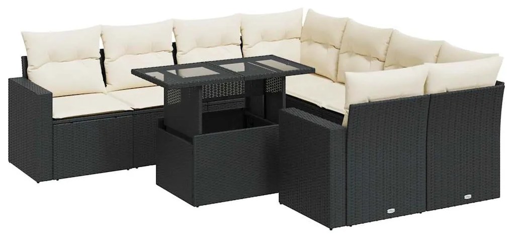 3326287 vidaXL Set mobilier de grădină cu perne, 9 piese, negru, poliratan