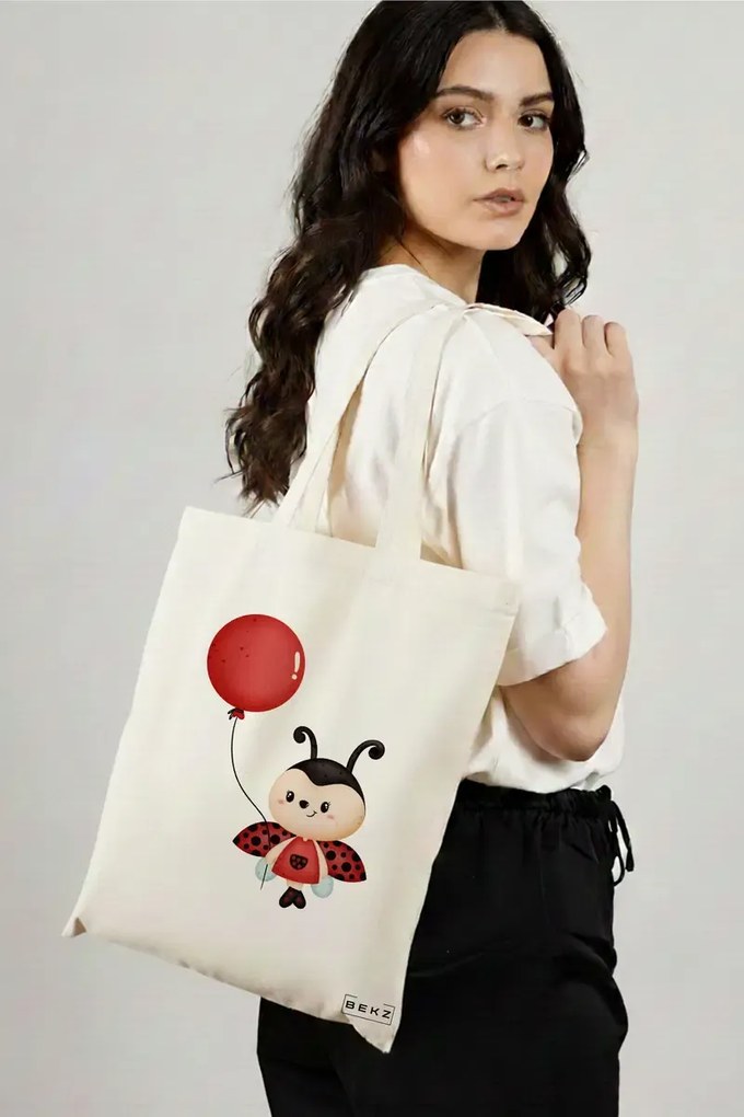 Sacosa de Panza pentru Cumparaturi, Geanta Tote, model Ladybug, 38x34.5 cm, Alba, BEKZ®