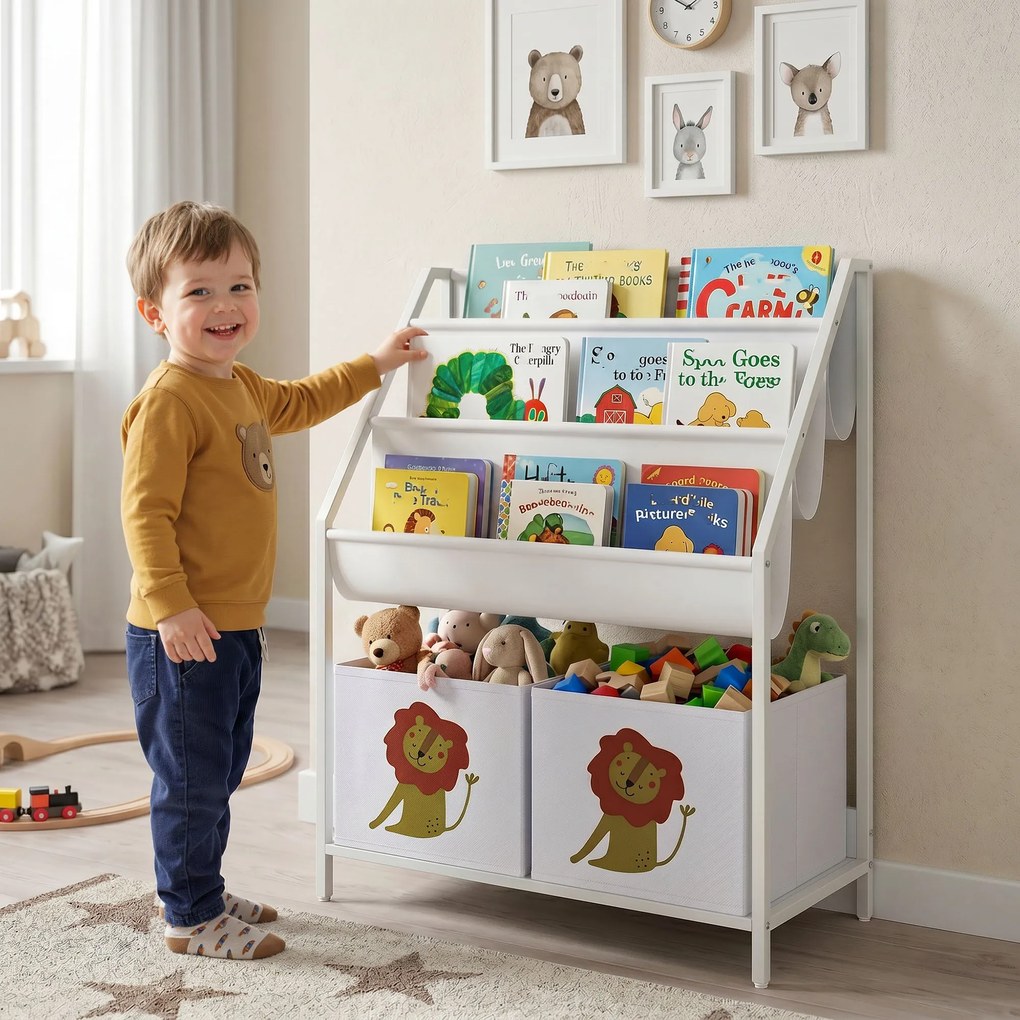 AIYAPLAY Bibliotecă Montessori pentru Copii 3-8 Ani cu 4 Rafturi și 2 Cutii cu Imprimeu Leu, Alb | Aosom Romania