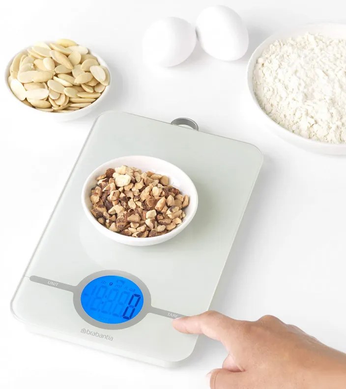 Cantar de bucatarie Brabantia Tasty+ 1001252, Pana la 5 kg, 3x baterii AAA, TARA, Ecran LCD, Gri deschis