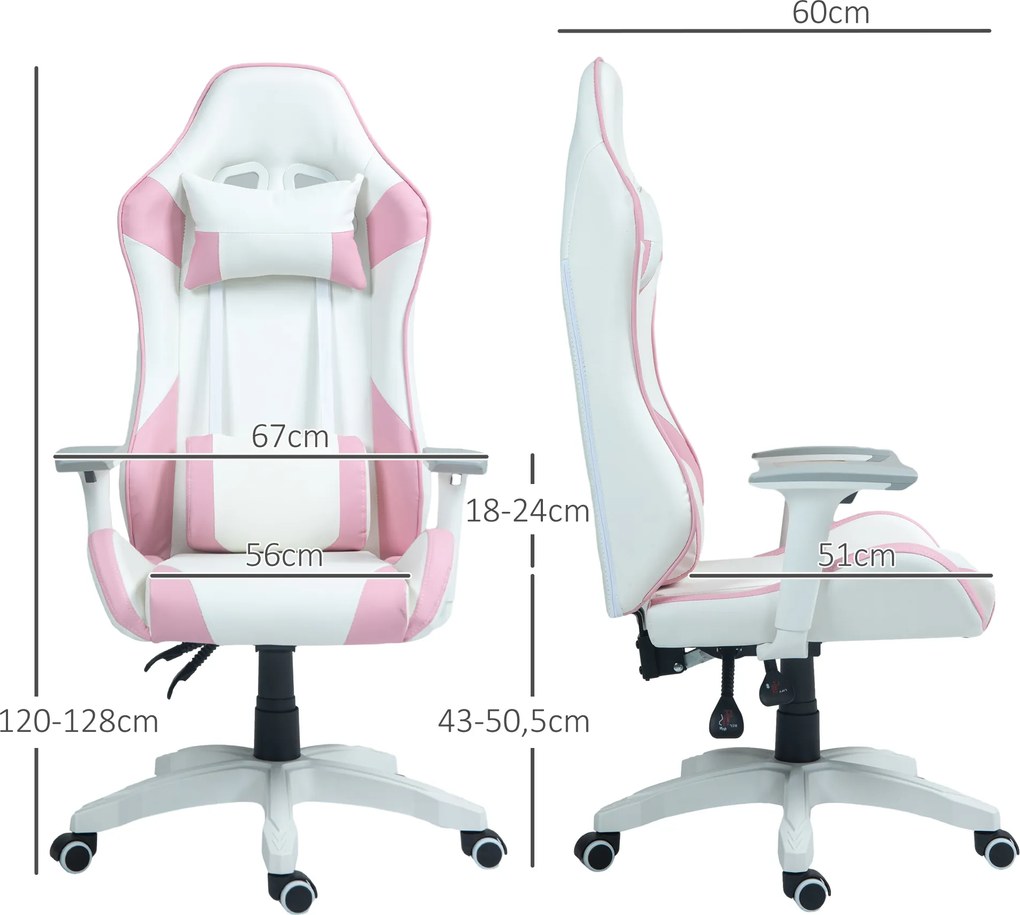 HOMCOM Scaun de Gaming, Design Curse, Inclinabil, Reglabil în Înălțime, Piele Ecologică, 67A x 60L x 120-128Î cm, Roz/Alb | Aosom Romania