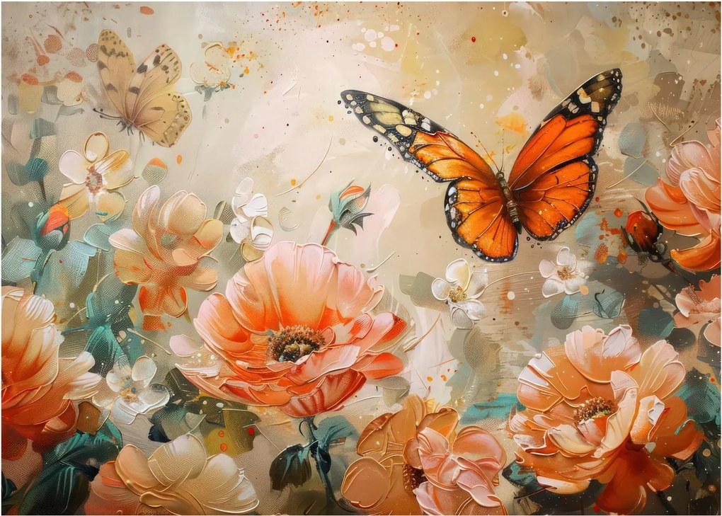 Tablou pe sticlă - Fluture și flori, pictură în ulei (70x50 cm)