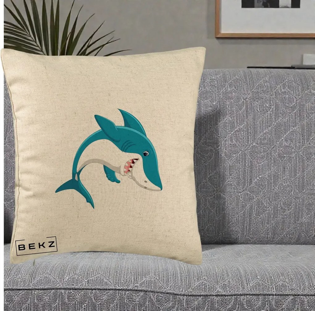 Perna Decorativa Rechin Albastru Cartoon, 40x40 cm, Bej, Husa Detasabila, Perna Inclusa, BEKZ®