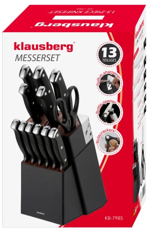 Set cuțite Klausberg KB 7985, 13 piese, Oțel inoxidabil, Mâner + ascuțitor, Negru