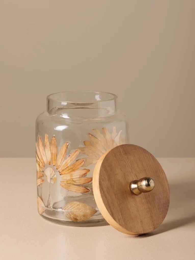 Borcan din sticla, cu capac din lemn de mango, design petale presate, H14cm, Aster