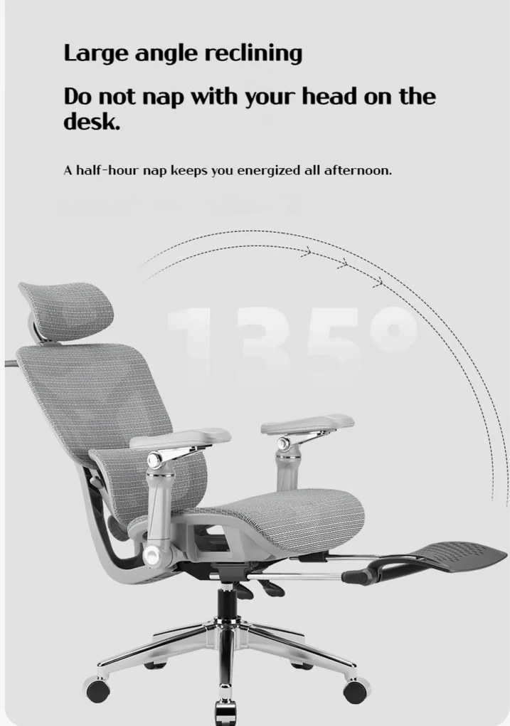 Scaun ergonomic, Sezut translatie, cotiere 9D, tetiera 3D, suport lombar 3D Adaptive, pivotant, suport picioare, Gri