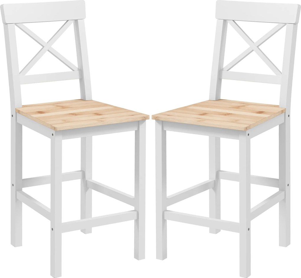 HOMCOM Set de 2 taburete de bar, scaune înalte stil rustic, spătar înalt și suport pentru picioare, 41x46x97,5cm, alb și lemn natural | Aosom Romania