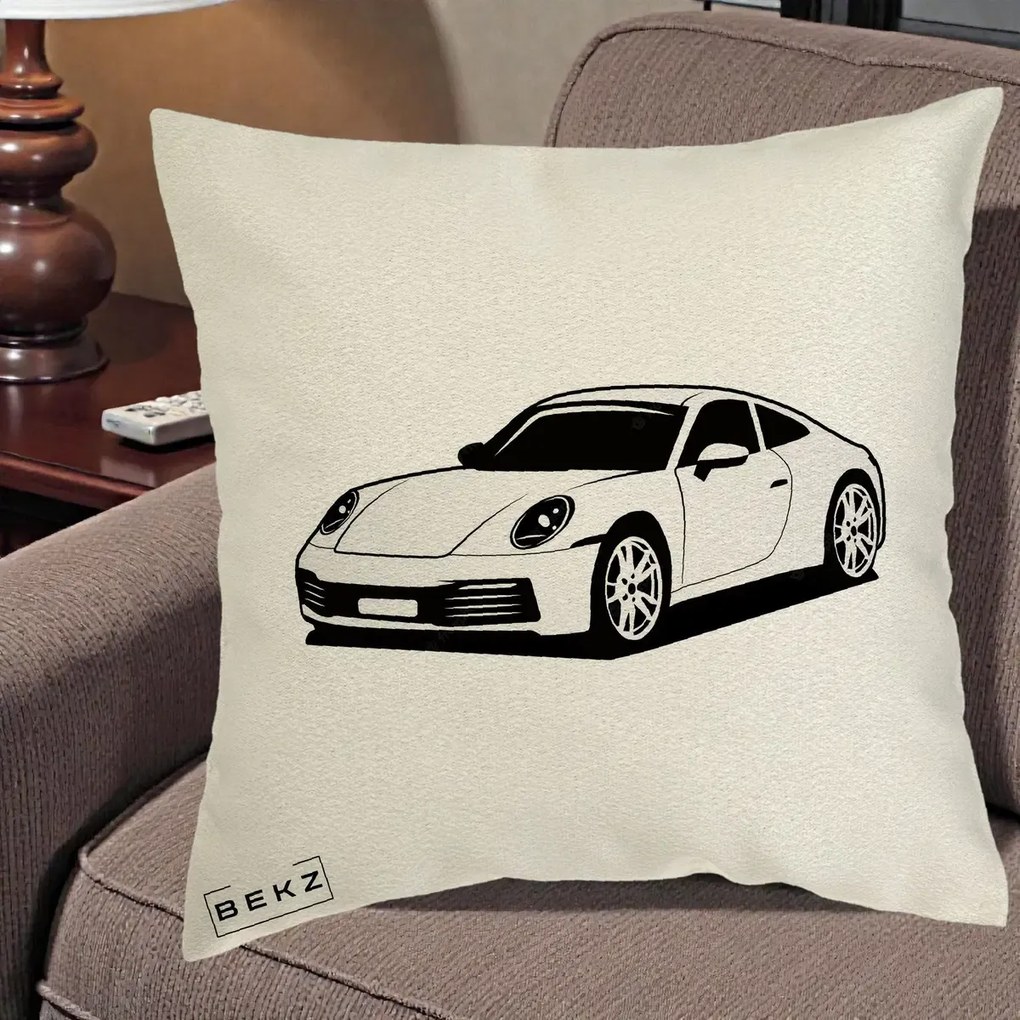 Perna Personalizata Porsche 911 Silueta, 40x40 cm, Ecru, Husa Detasabila, Perna Inclusa, BEKZ®