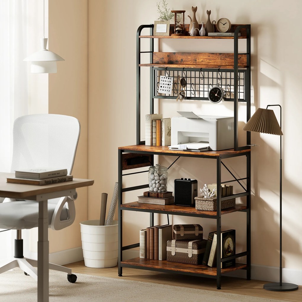 HOMCOM Raft de Bucătărie cu Prize și Rafturi Reglabile, Raft pentru Cuptor cu Microunde cu 5 Niveluri, Panou cu Grilaj și 10 Cârlige, Mobilier Vintage Structură din Oțel, 80x40x170 cm, Maro Rustic | Aosom Romania