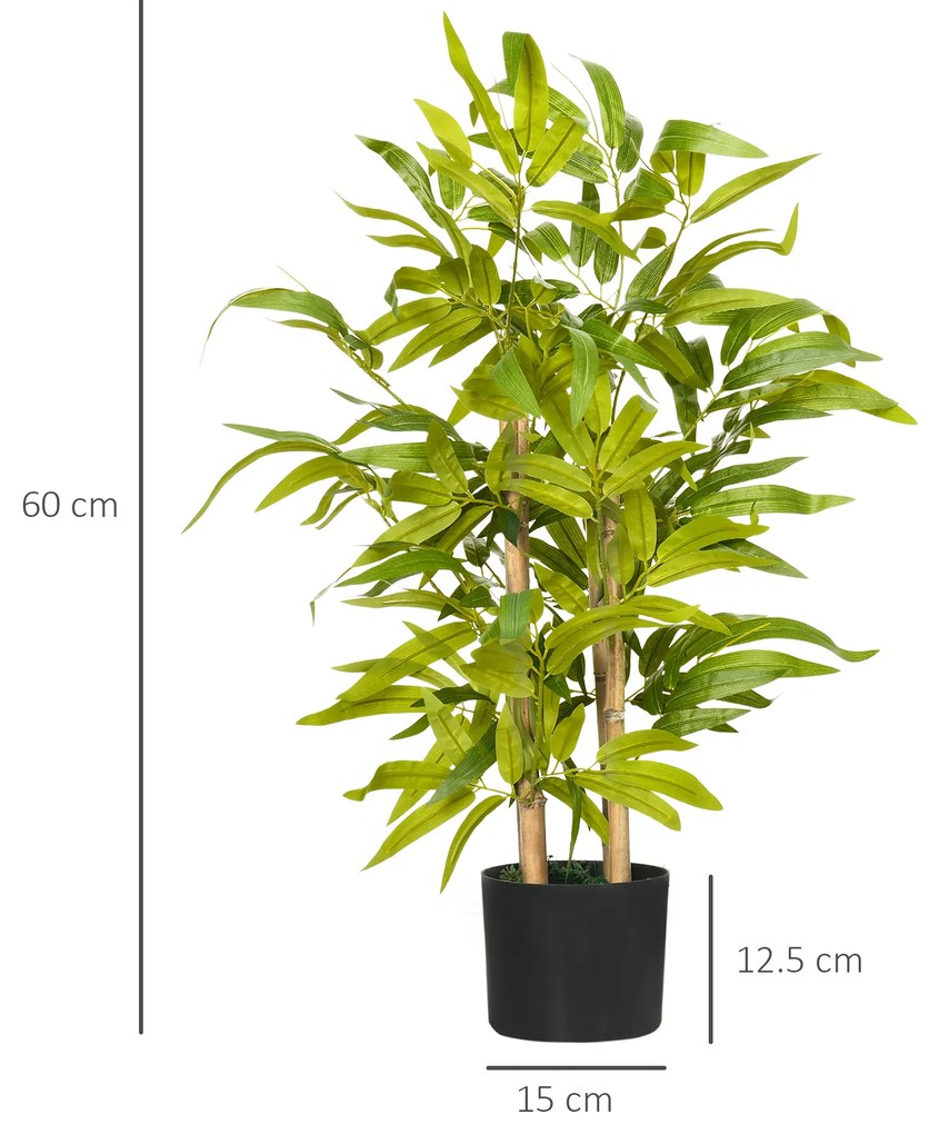 HOMCOM Plantă Artificială de Bambus, Înălțime 60 cm, din Poliester și PP, Verde, cu Vas de Ciment Ø15x12.5 cm | Aosom Romania