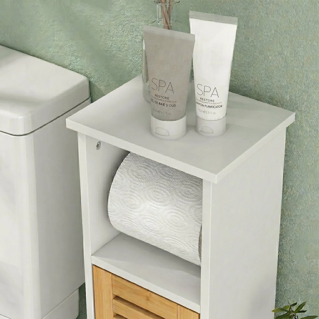 HOMCOM Dulăpior de Baie cu Suport pentru Hârtie Igienică, Dulap Îngust cu Raft Reglabil, 78 cm, Alb | Aosom Romania