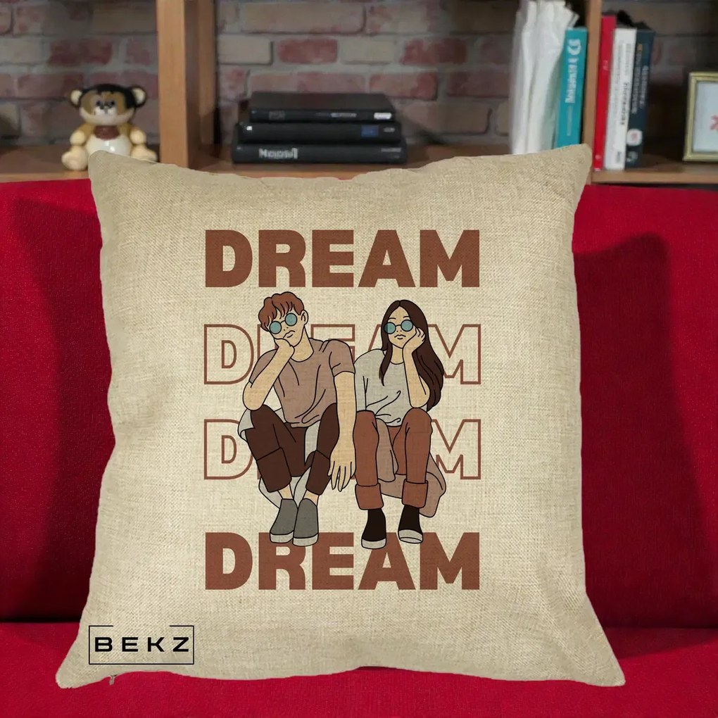 Perna Decorativa Dream Couple Aesthetic, 40x40 cm, Crem, Husa Detasabila, Perna Inclusa, BEKZ®