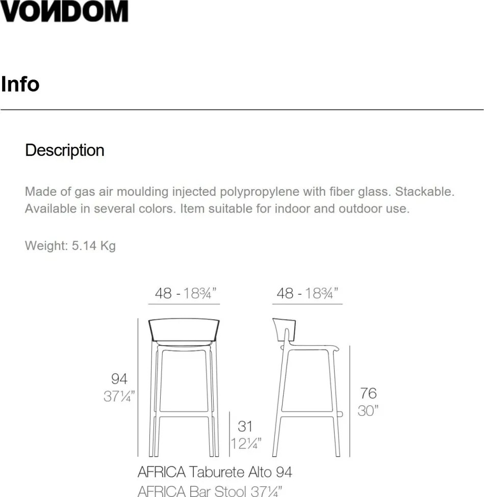 Set 4 Scaune de bar exterior / interior design modern premium AFRICA H-95cm 65029 Vondom