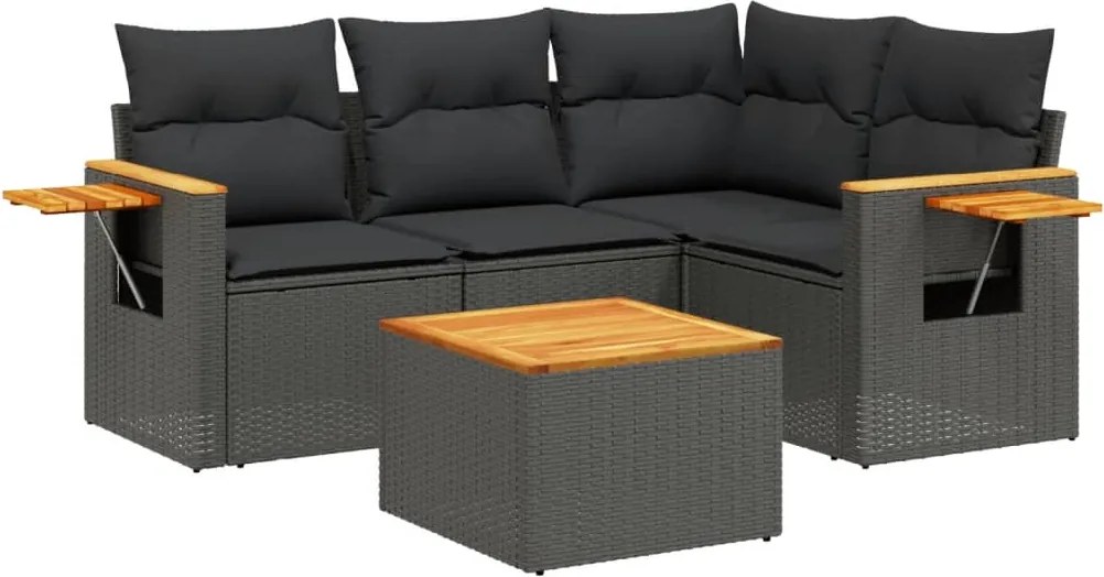vidaXL Set mobilier de grădină cu perne, 5 piese, negru, poliratan
