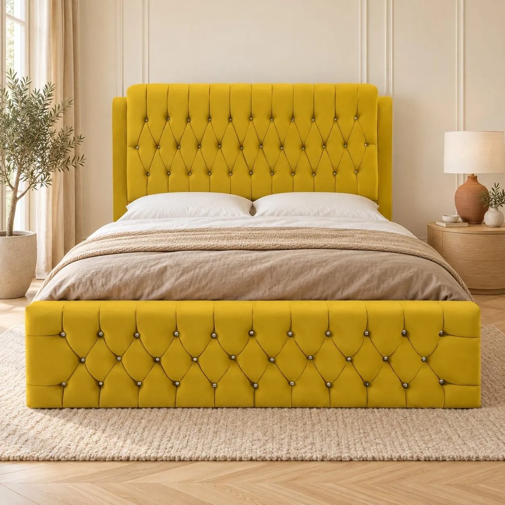 Pat tapițat Chesterfield din catifea Aveline Deluxe 140×200 cm, galben muștar, cu ladă de depozitare