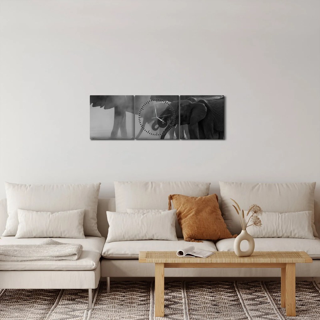 Tablou cu elefanți - albnegru (cu ceas) (90x30 cm)