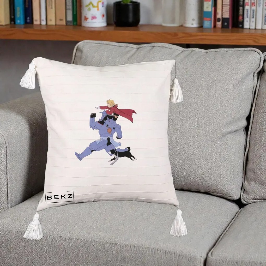 Perna Personalizata Fullmetal Alchemist Edward si Alphonse, 40x40 cm, Bej cu Franjuri, Husa Detasabila, Perna Inclusa, BEKZ®