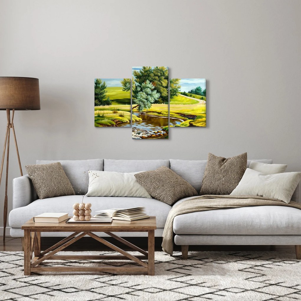 Tablou - Râu între câmpii, pictură în ulei (90x60 cm)
