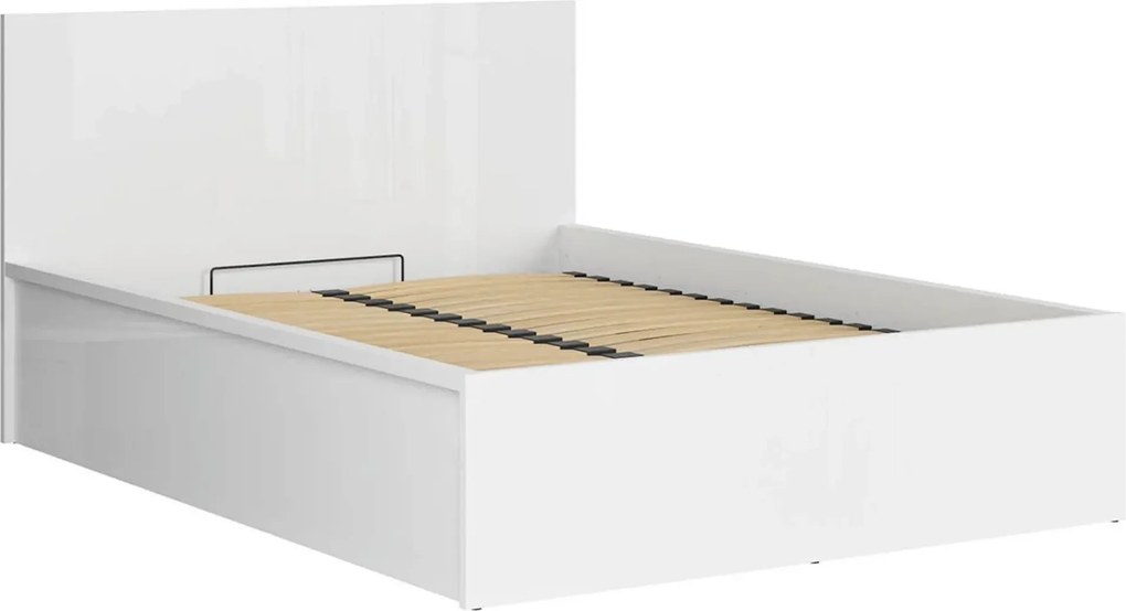 Pat TETRIX 140x200, alb lucios, PAL, cu somiera si spatiu depozitare